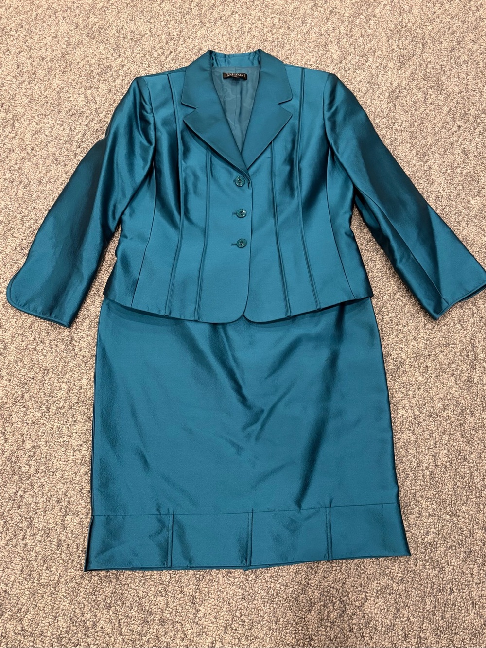 Tahari Teal Jacket And Skirt - Shiny Tailored Silhouette